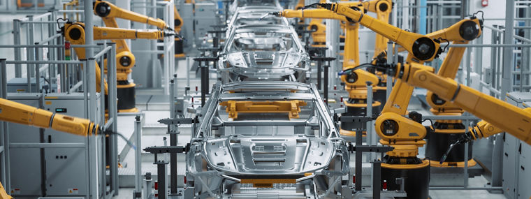 Car Factory 3D Concept: Automated Robot Arm Assembly Line Manufacturing High-Tech Green Energy Electric Vehicles. Automatic Construction, Building, Welding Industrial Production Conveyor. Front View; Shutterstock ID 2075069926; purchase_order: BB23_27325_tw; job: ; client: Evonik Industries AG; other: 